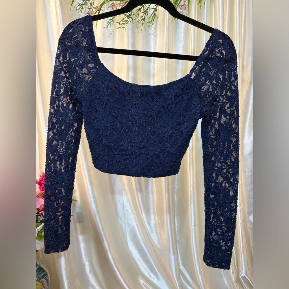 B.Smart Navy Blue Lace Long Sleeve Crop top- 3